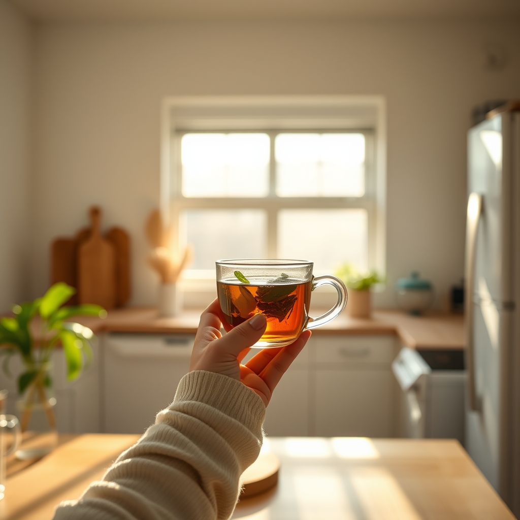 Woman enjoying Lulutox herbal tea in a bright Australian kitchen